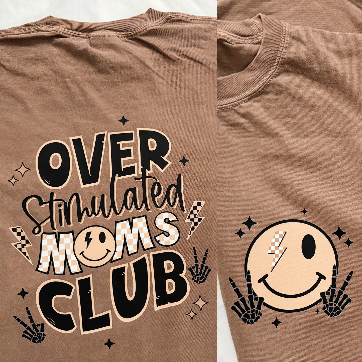 overstimulated moms club tee *front and back design*